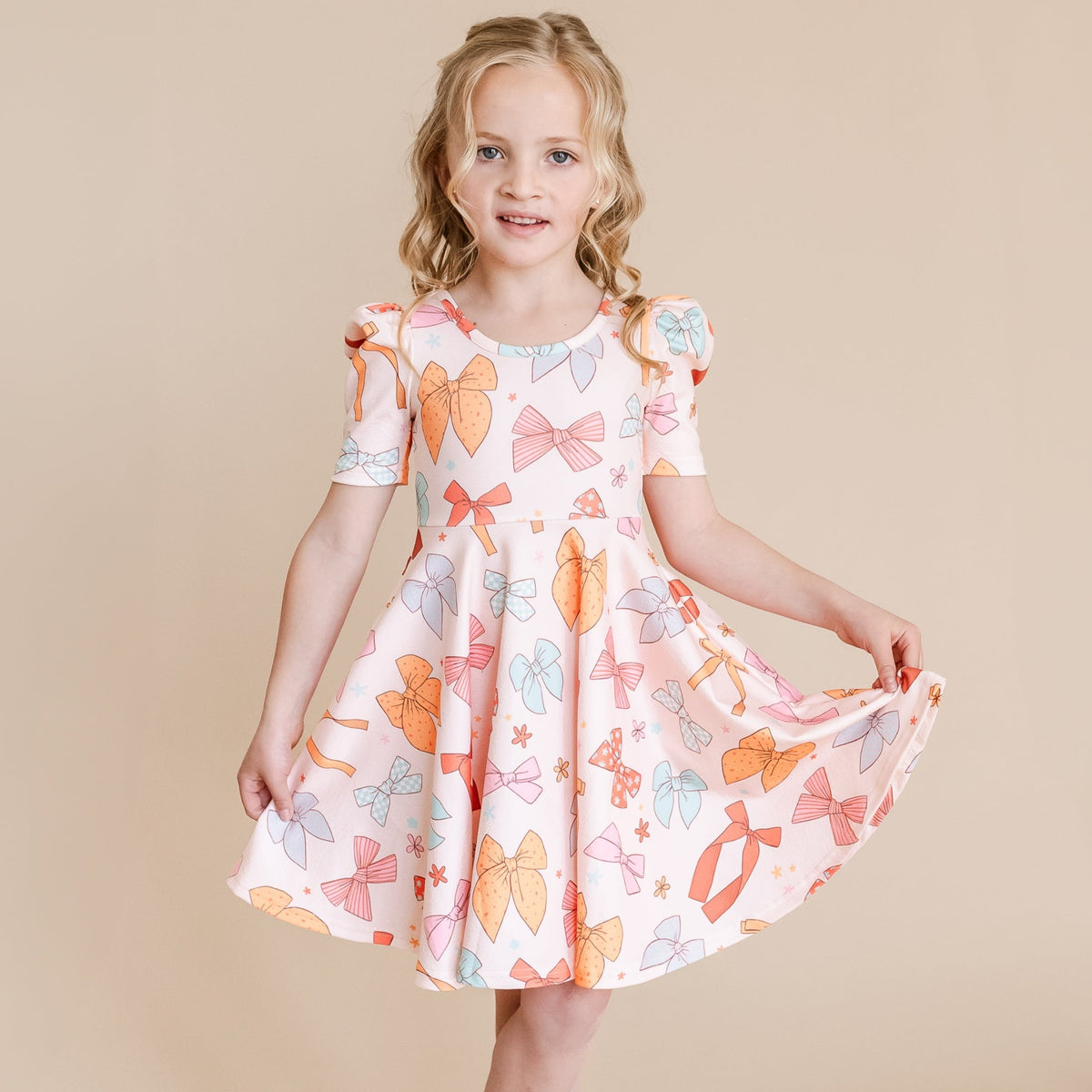 Bow Puffed Sleeve Spin Dress