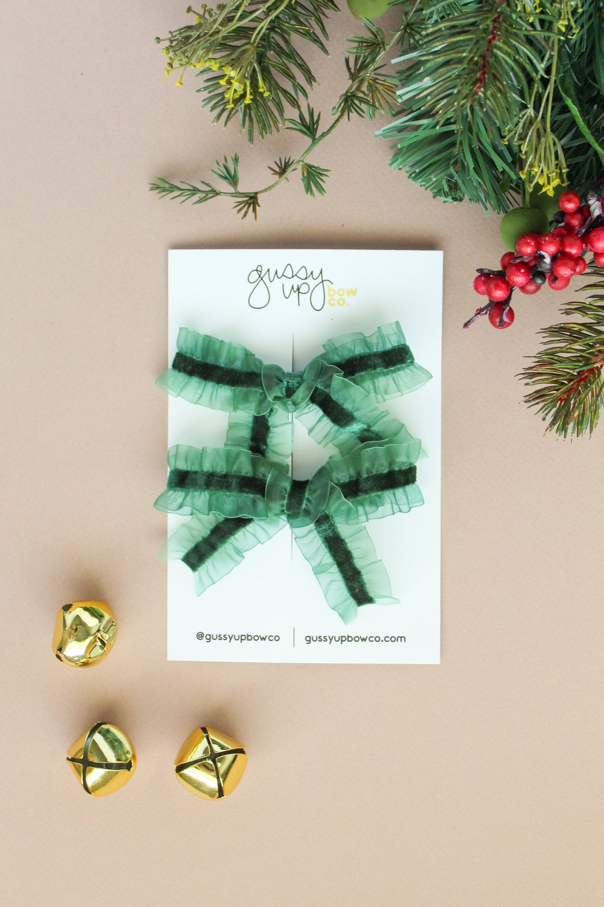 Evergreen Ruffle Bow Pigtail Set