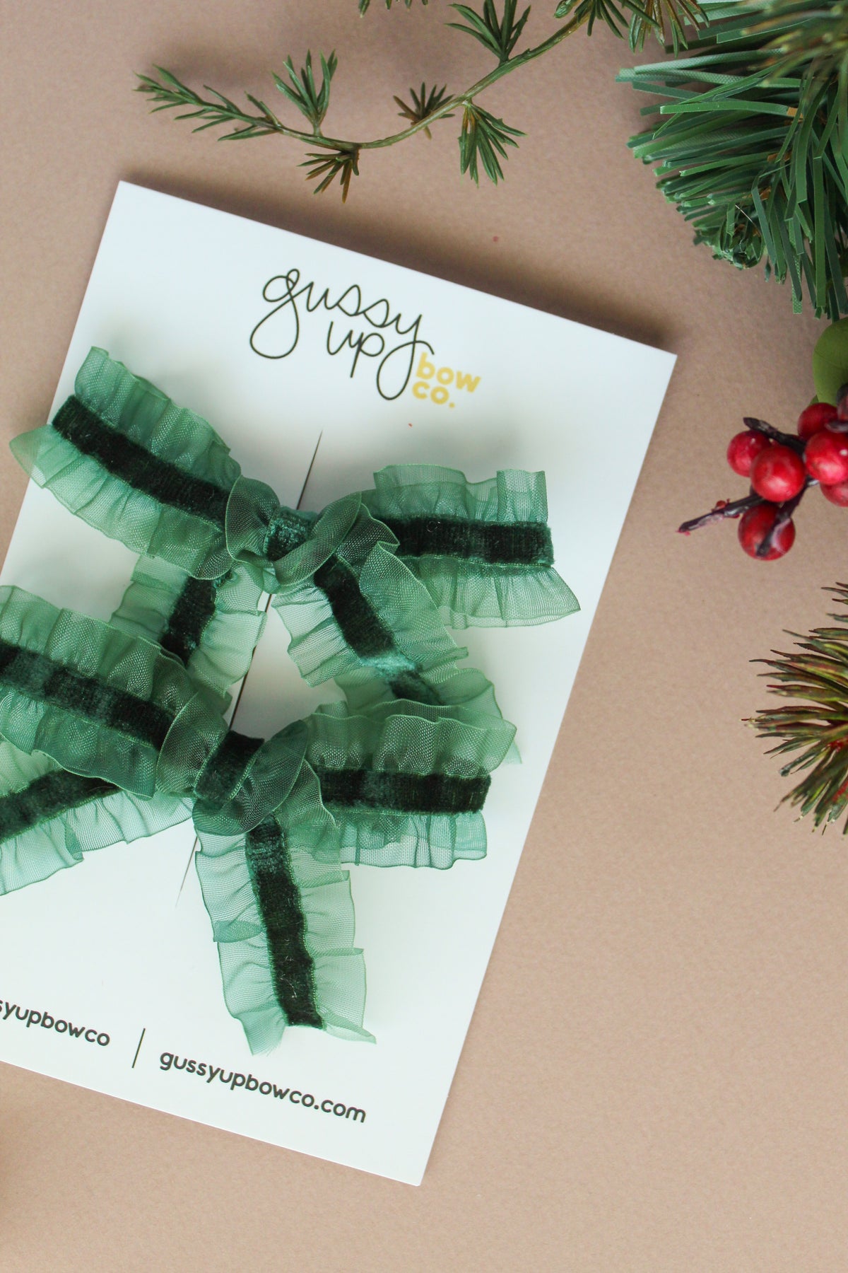 Evergreen Ruffle Bow Pigtail Set