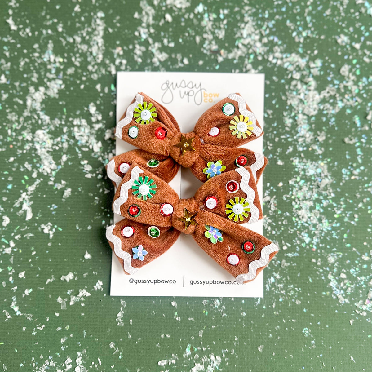 Gingerbread Sequin Bow Pigtail Set