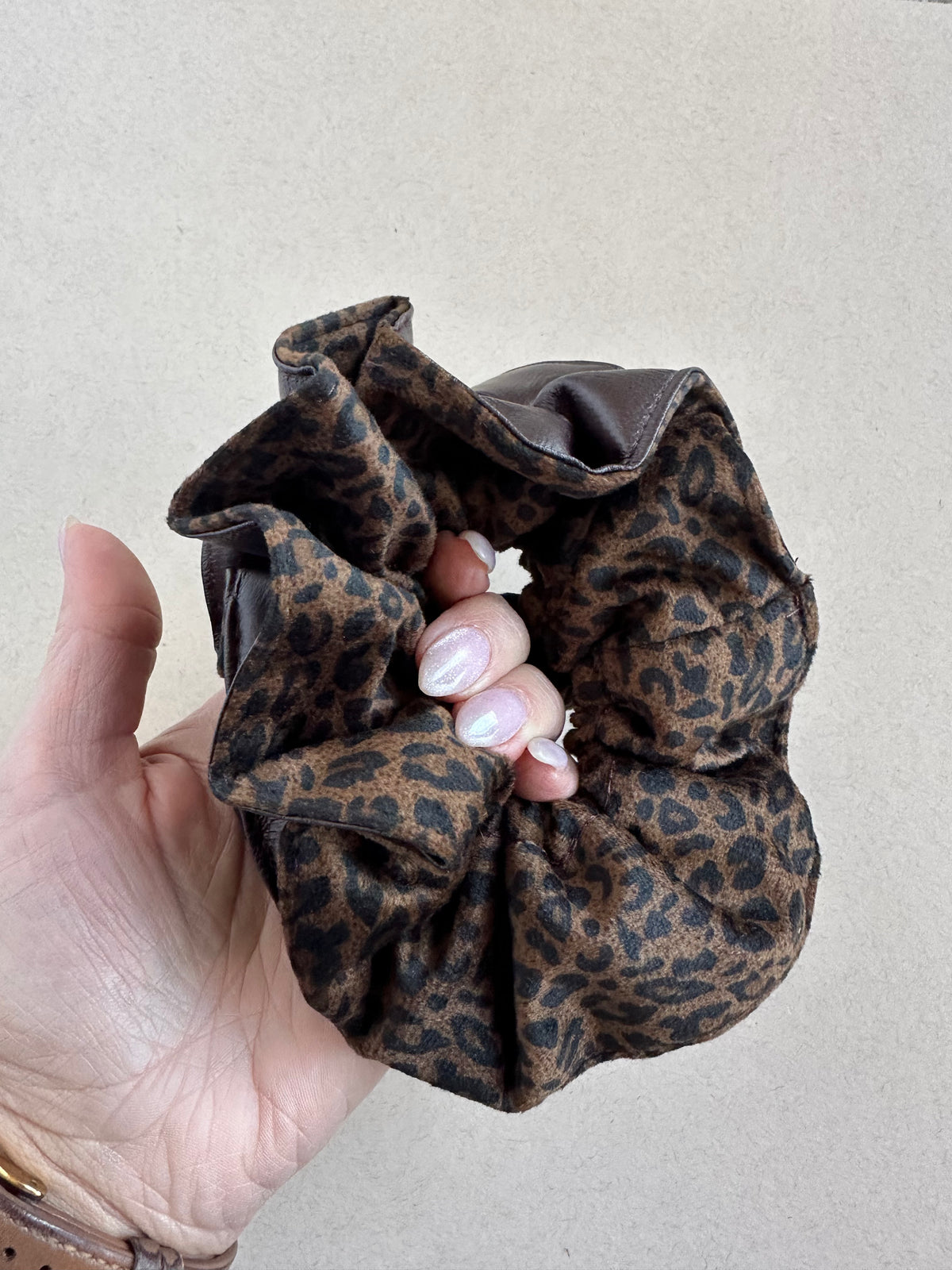 Leopard Faux Leather Large Ruffle Scrunchy