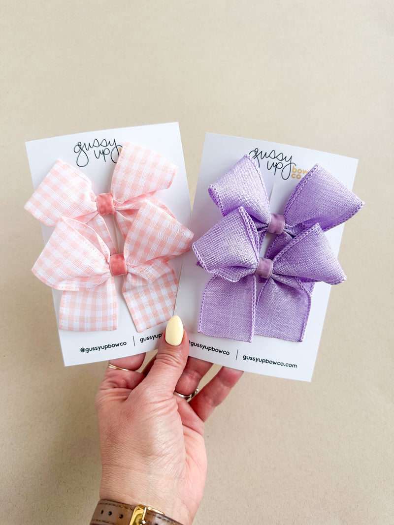 Peach Plaid Linen Ribbon Pigtail Set