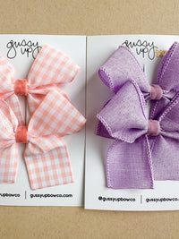 Peach Plaid Linen Ribbon Pigtail Set