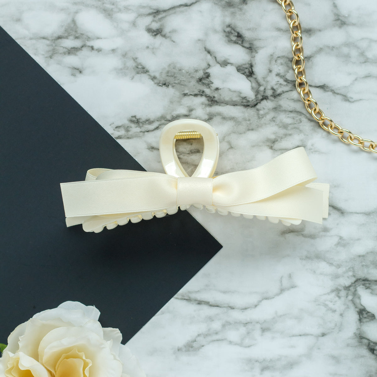 Cream Satin Bow Claw Clip