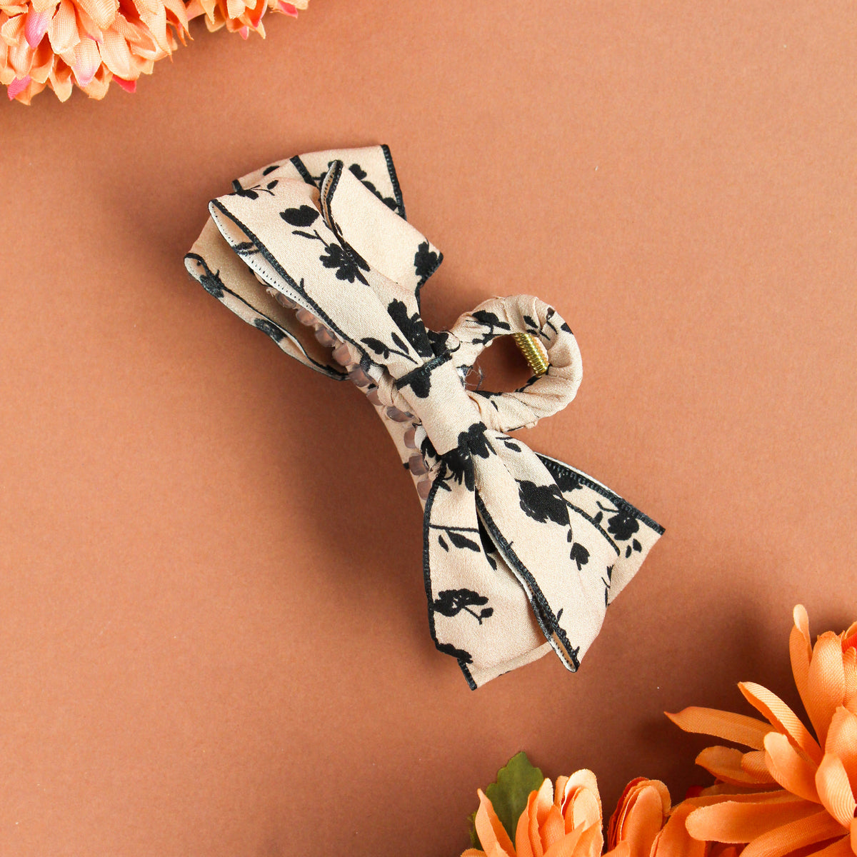 Tan Floral Bow Claw Clip